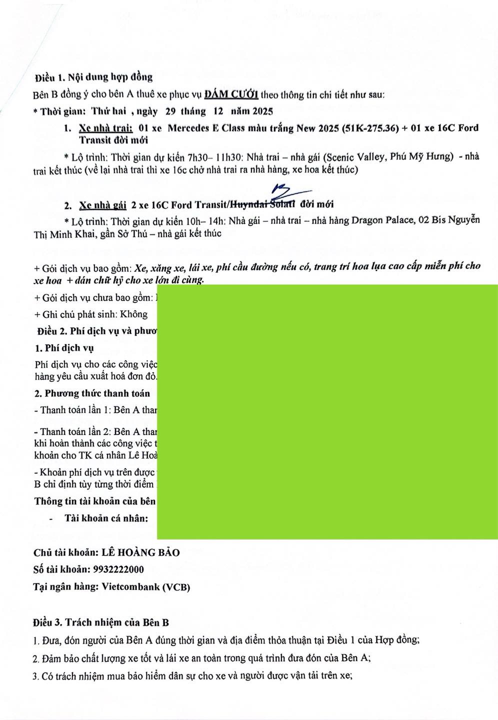 Hợp đồng cho thuê xe cưới tháng 12 năm 2025